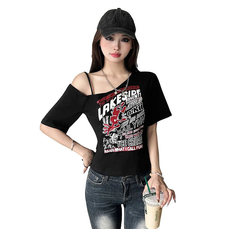 Y2K Gothic Off-Shoulder Crop Top – Women's Punk Style Letter Print T-Shirt, Harajuku Aesthetic Grunge Streetwear for Summer