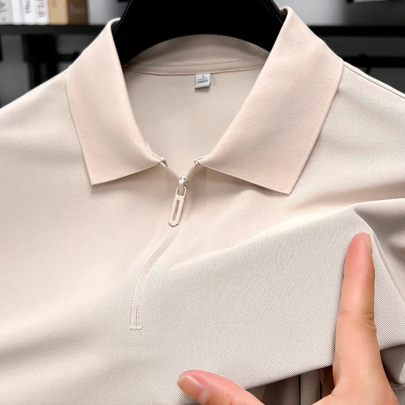 Men’s Slim Fit Half-Zip Polo Shirt – Light Beige Stretch Cotton Casual Top with Classic Collar
