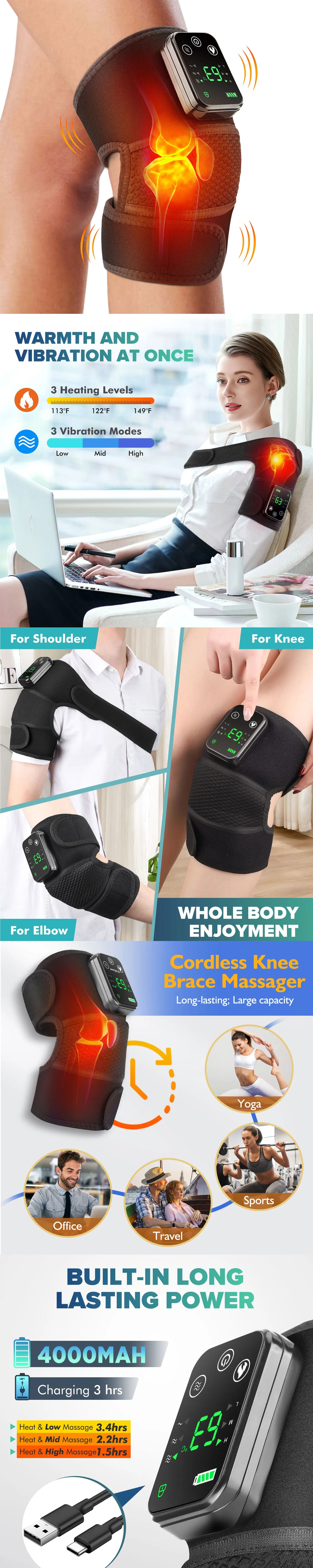 3-in-1 Electric Heated Knee Massager Pad with Vibration – Hot Compress for Shoulder, Elbow & Joint Muscle Relief