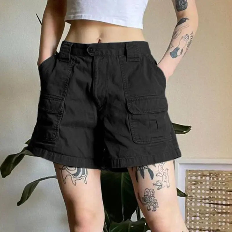 Women's Retro Mid-Waist Cargo Shorts – Casual Summer Streetwear with Pockets