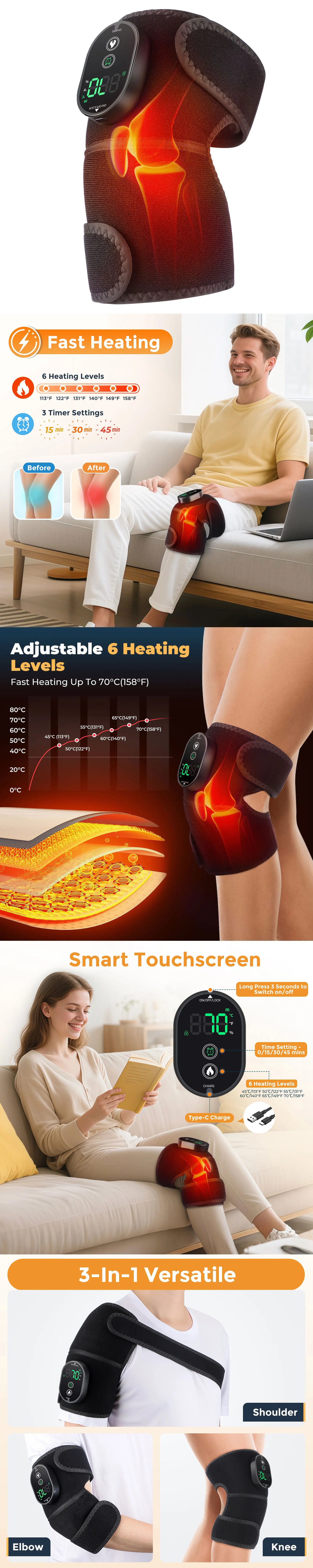 3-in-1 Electric Heated Knee Massager Pad with Vibration – Hot Compress for Shoulder, Elbow & Joint Muscle Relief