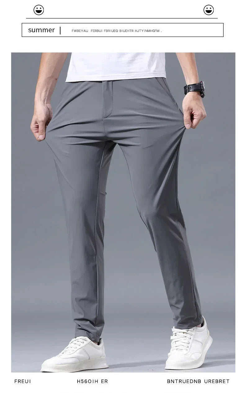Men's Summer Lightweight Stretch Suit Pants – Slim Fit Korean Style Business Casual Trousers with Elastic Waist