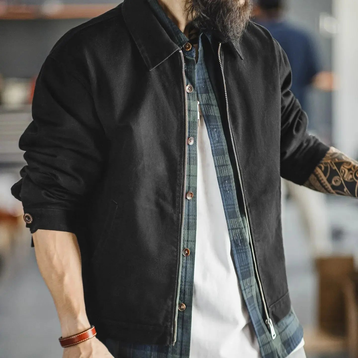 Men’s Heavyweight Vintage “IKE” Zip-Up Jacket – Black Cotton Coat with Collar, Casual Outdoor / Mountain Style for Spring & Fall