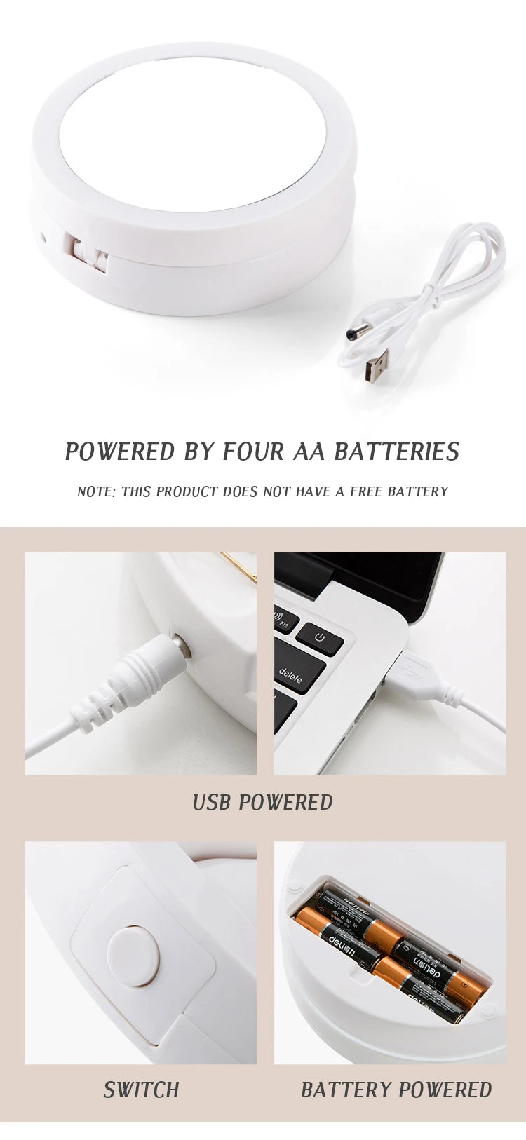 Dual-Powered LED Makeup Mirror – Portable Double-Sided Mirror with 10X Magnification, Battery/USB Operated