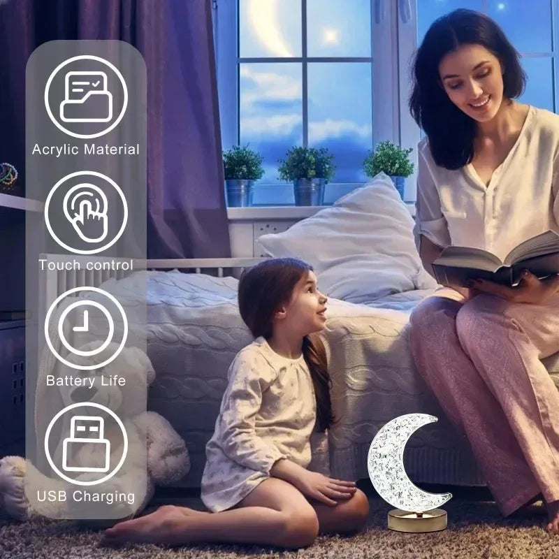 Rechargeable Crystal Touch Dimmable Night Lamp for Bedroom, Girls’ Room, USB LED Ambient Table Light with 3D Moon Design