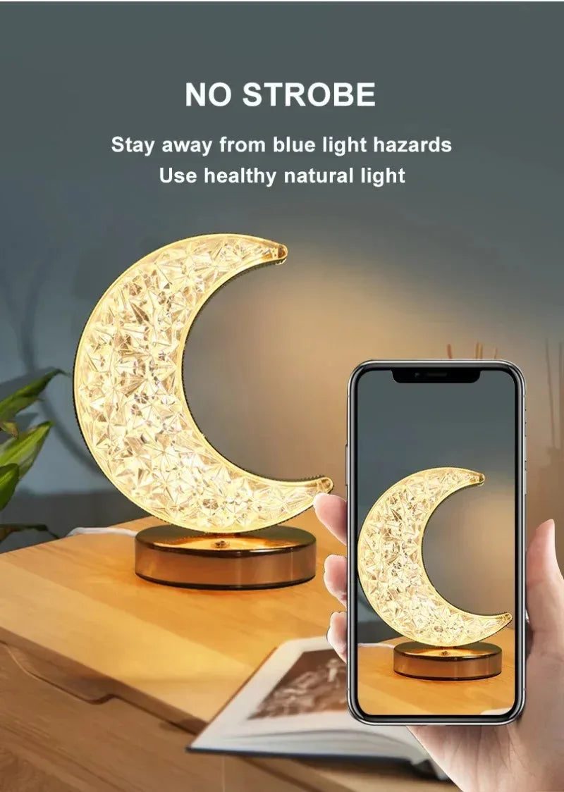 Rechargeable Crystal Touch Dimmable Night Lamp for Bedroom, Girls’ Room, USB LED Ambient Table Light with 3D Moon Design
