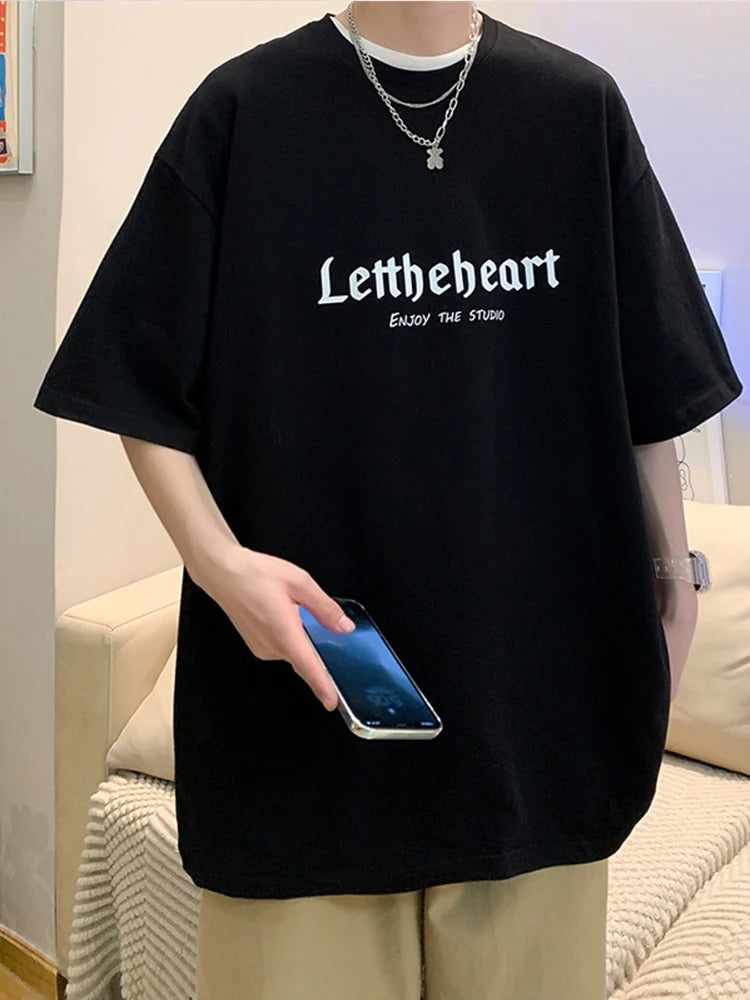 Men's Oversized Streetwear T-Shirt – Harajuku Style Graphic Tee with Gothic Letter Print – Vintage Hip Hop Punk Look for Summer – Casual Loose Fit in Blue 