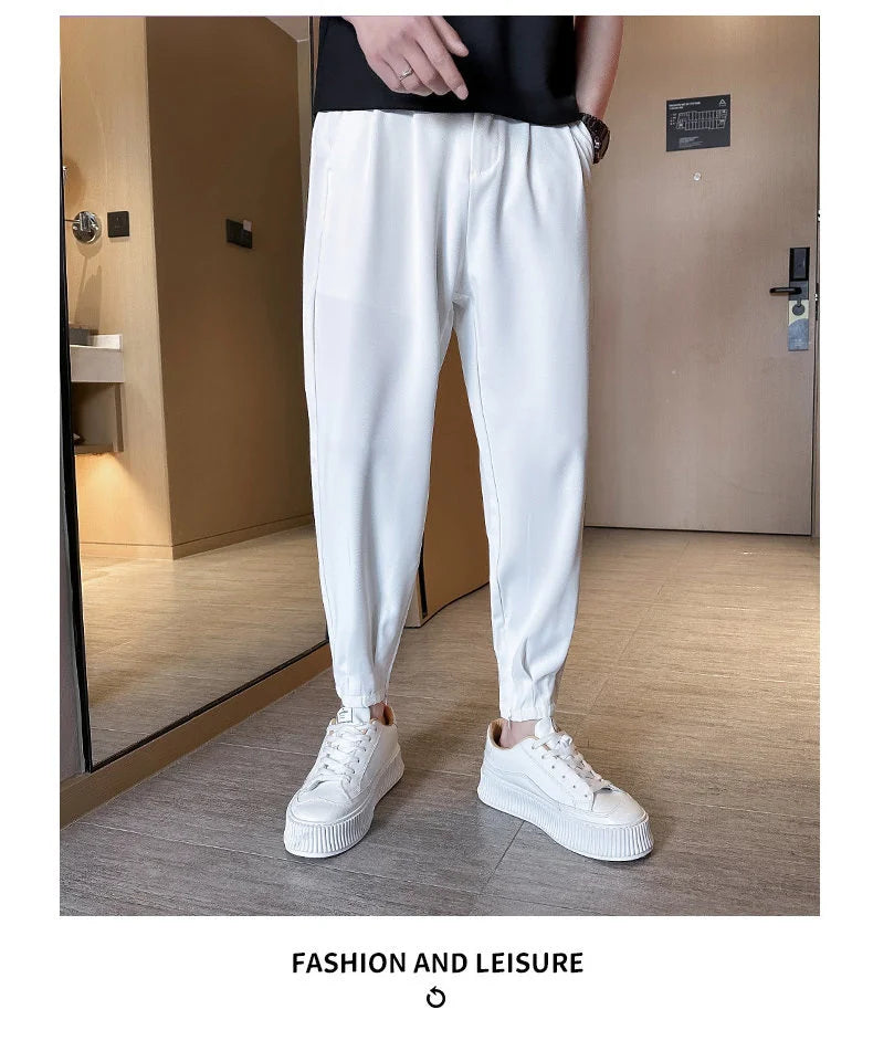 Men’s Spring & Summer Casual Solid Color Ice Silk Trousers — Korean Style Slim Ankle Pants with Zipper Detail, Smooth & Lightweight for a Handsome Look