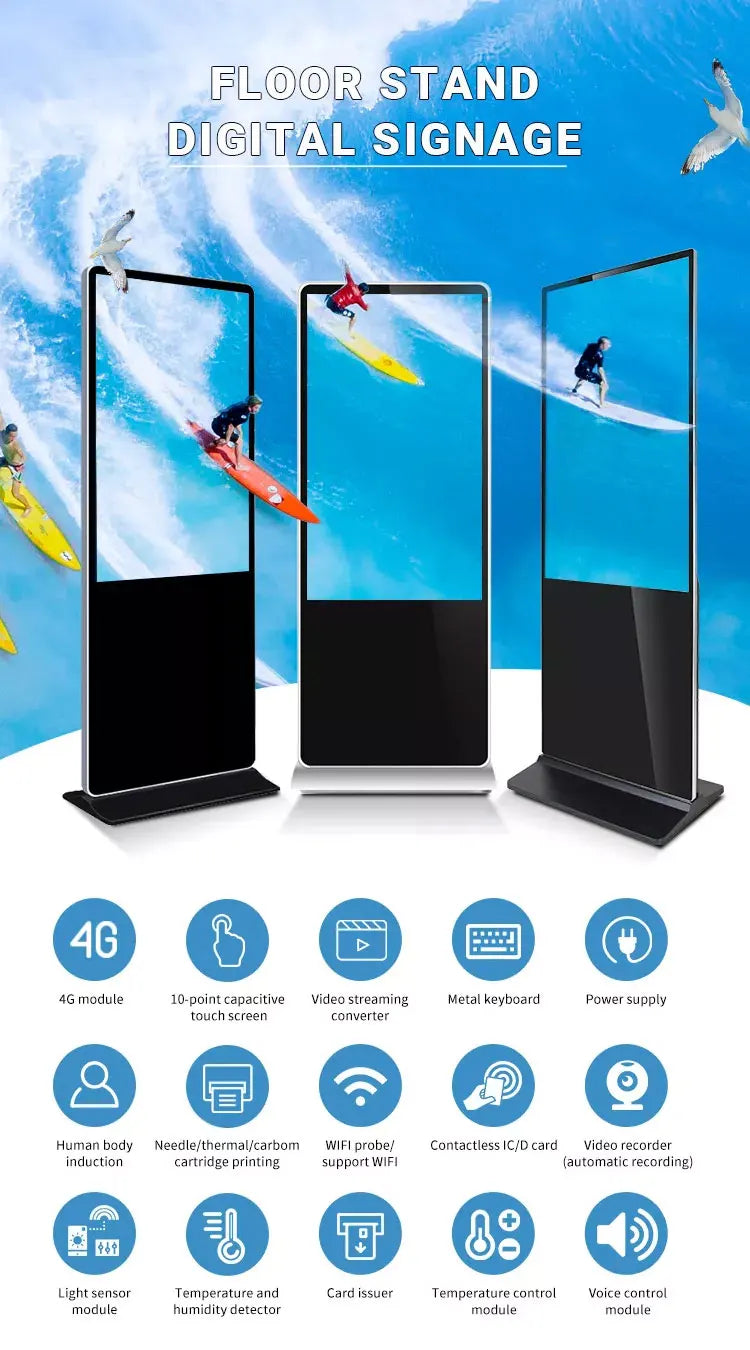 55-Inch Floor-Standing Interactive Touchscreen Kiosk – Vertical LCD Digital Signage Advertising Display Panel