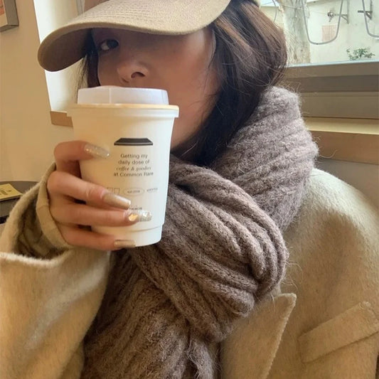 High-End Korean Style Thick Knit Scarf for Women – Warm Woolen Solid Color Winter & Autumn Wrap