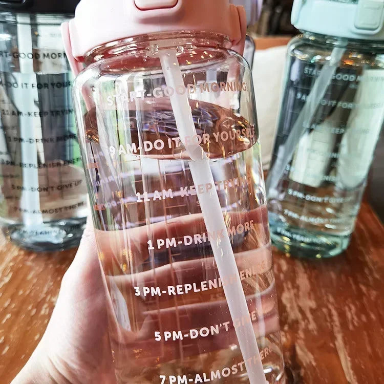 2L Large Capacity Sports Water Bottle with Straw – Time Marker Leakproof Plastic Cup for Fitness & Outdoor Use