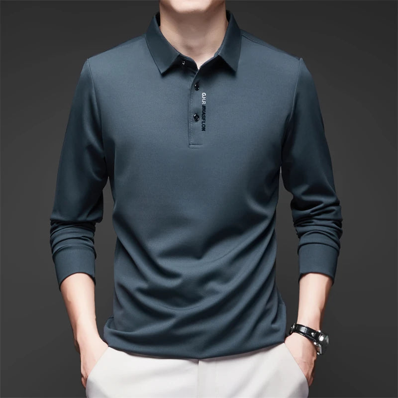Men's Long Sleeve Polo Shirt – Solid Color, Business Casual, Stylish & Breathable Shirt with Badge Design