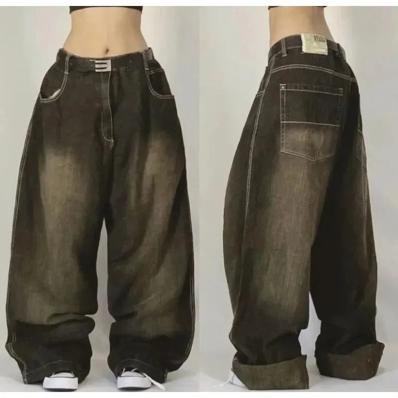 2024 Retro Y2K High-Waisted Straight-Leg Baggy Jeans for Women – Harajuku Street Style Washed Denim with Pockets