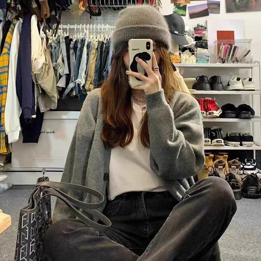 Casual Gray Mid-Length Knit Cardigan for Women with Pockets – Korean Style Open Front Sweater Coat for Autumn