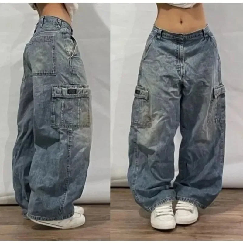 2024 Retro Y2K High-Waisted Straight-Leg Baggy Jeans for Women – Harajuku Street Style Washed Denim with Pockets