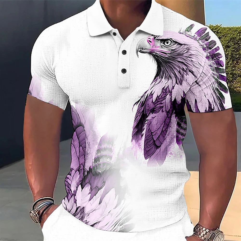 Men’s Polo Shirt with 3D Wolf & Eagle Print – High-Quality Summer Casual Loose Fit Short Sleeve Tee