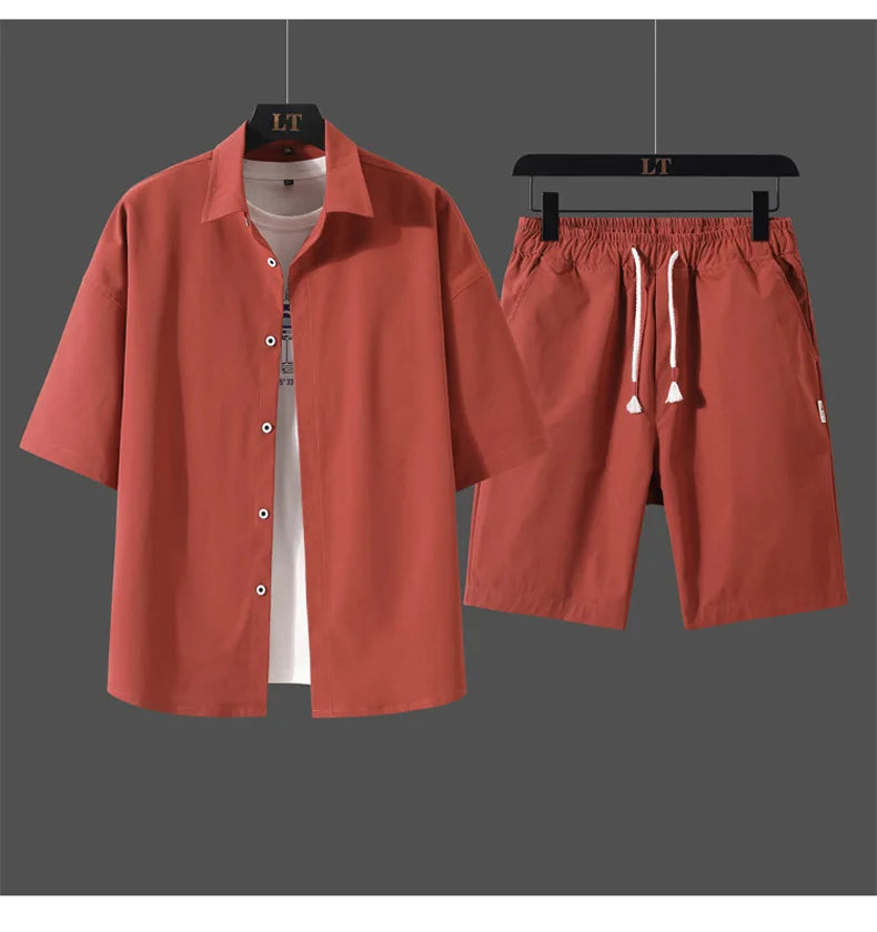 2025 Trendy Korean-Style Men's Summer Outfit – Casual Two-Piece Set Featuring Short Sleeve Shirt & Matching Shorts, Stylish High Street Look for Daily & Streetwear Fashion