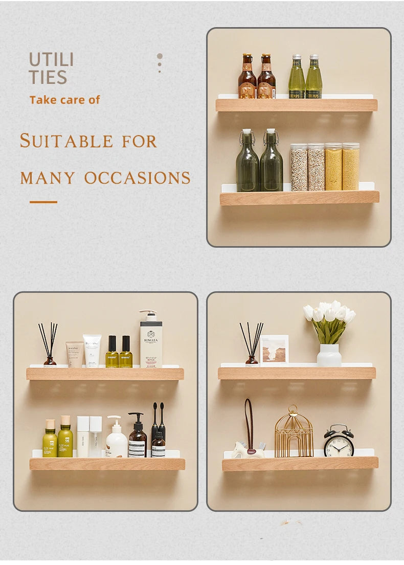 No-Drill Wall-Mounted Solid Wood Corner Bathroom Shelf — Shower Storage Rack and Toilet Shampoo Holder