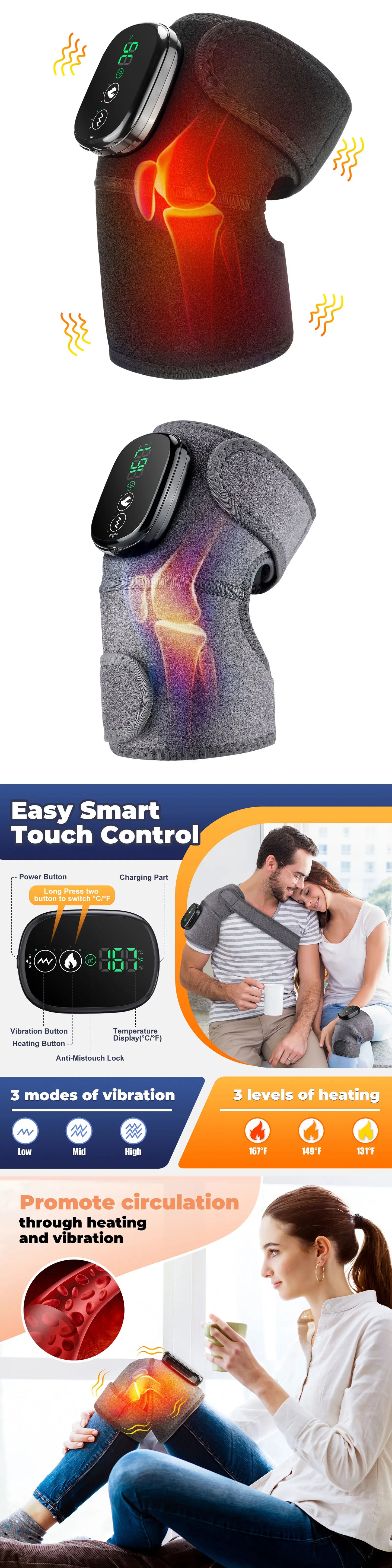 3-in-1 Electric Heated Knee Massager Pad with Vibration – Hot Compress for Shoulder, Elbow & Joint Muscle Relief