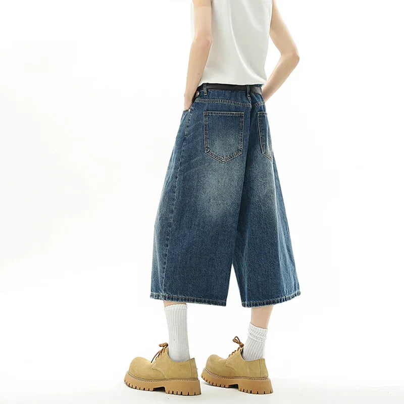 Men's Baggy Denim Shorts – Retro Y2K Casual Wide-Leg Calf-Length Jeans for Summer Streetwear