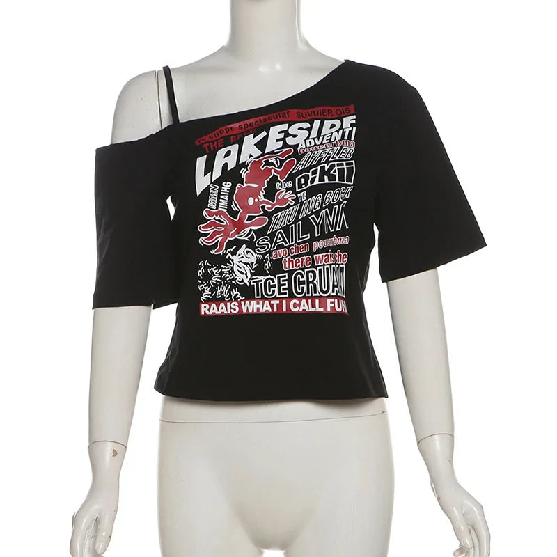 Y2K Off-Shoulder Gothic Crop Tee – Women’s Punk-Inspired Letter Print T-Shirt, Harajuku Aesthetic Grunge Streetwear, Slim Fit Summer Top