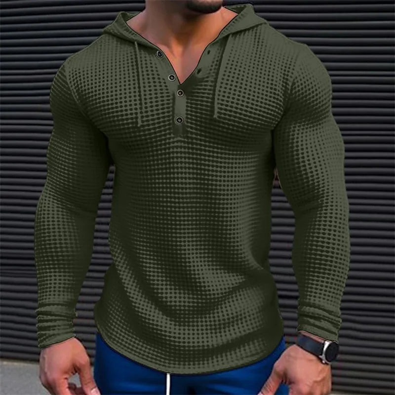 Men's Slim Fit Waffle Knit Long Sleeve Pullover – Solid Color Casual Streetwear Top, Comfortable Outdoor T-Shirt (Sizes M-3XL)