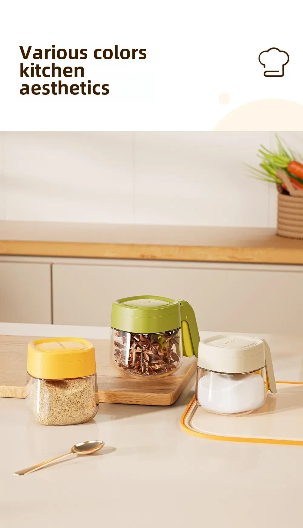 Transparent Glass Spice Jar with Spoon – Flip Cover Seasoning Container for Salt, MSG, Chicken Essence, and More
