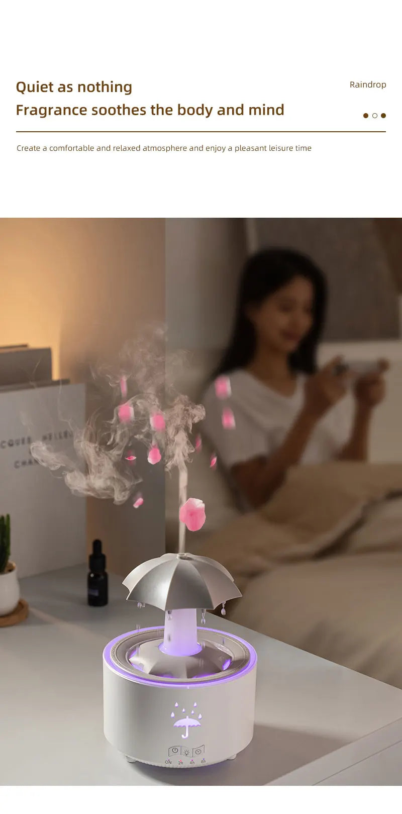 Cloud Rain Aroma Diffuser with Humidifier, Raindrop Design, Remote-Controlled Night Light, Desktop Water Fountain with Soothing Water Drop Sounds for Home Use