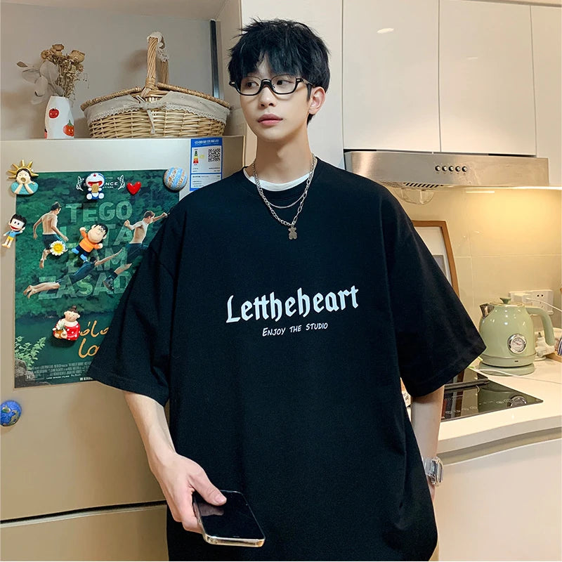 Men's Oversized Streetwear T-Shirt – Harajuku Style Graphic Tee with Gothic Letter Print – Vintage Hip Hop Punk Look for Summer – Casual Loose Fit in Blue 