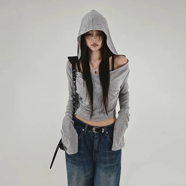 Y2K Aesthetic Women's Hooded Crop Top – Casual Streetwear Slim Fit Off-Shoulder Long Sleeve Tee with Grunge Style