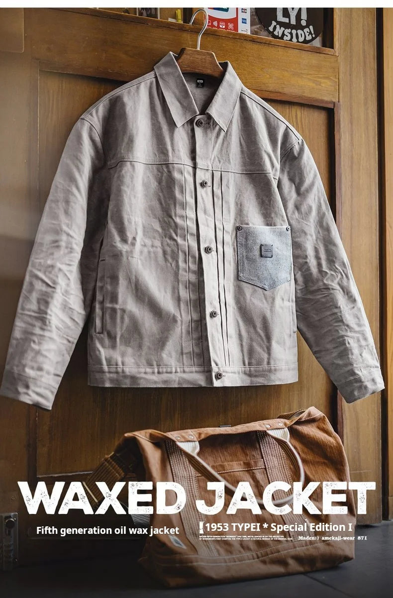 Maden Men's Vintage Grey Canvas Oil-Waxed Waterproof Hunting Jacket with Double Pleats and Patch Pockets for Autumn