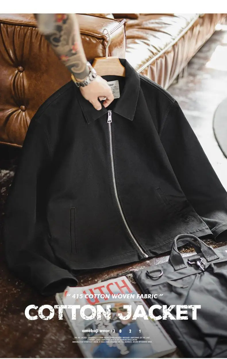 Men’s Heavyweight Vintage “IKE” Zip-Up Jacket – Black Cotton Coat with Collar, Casual Outdoor / Mountain Style for Spring & Fall