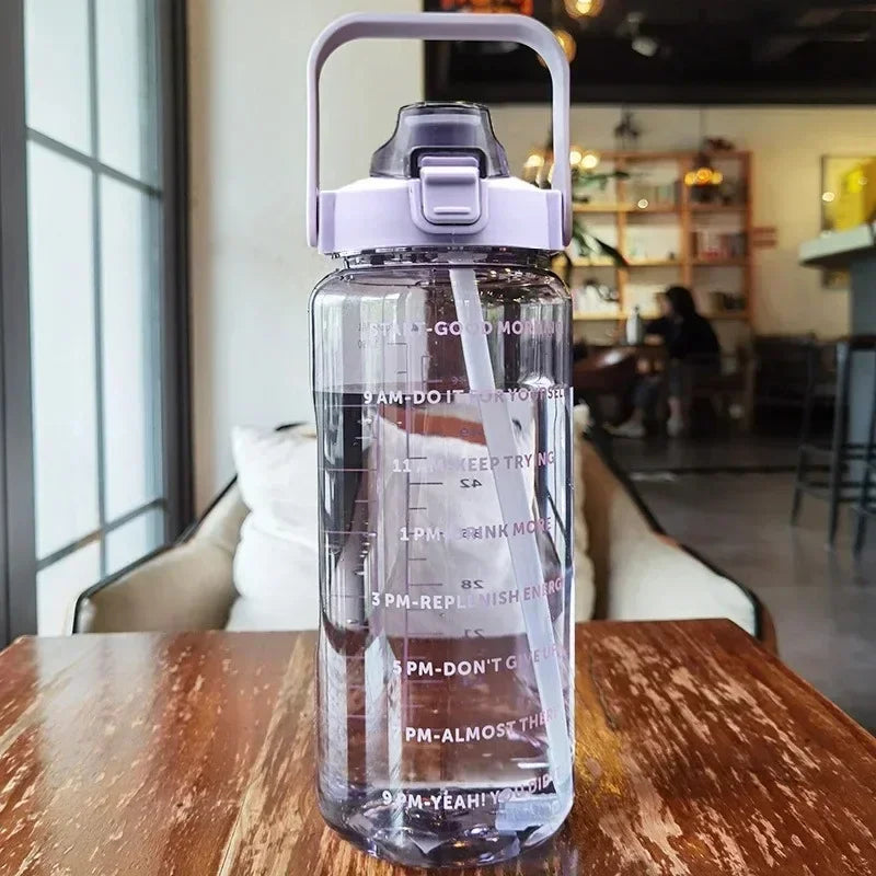 2L Large Capacity Sports Water Bottle with Straw – Time Marker Leakproof Plastic Cup for Fitness & Outdoor Use