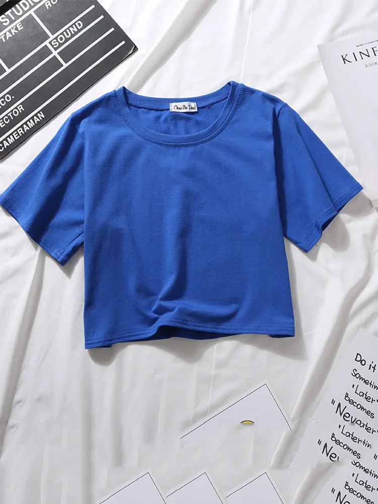 Women’s Summer Casual Cotton Short Sleeve Crop Top – Solid Color O-Neck Loose Fit T-ShirtT