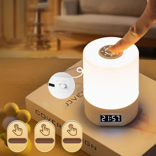 Rechargeable Portable LED Table Lamp with Clock Display, Touch Control, and Eye Protection for Bedside and Reading