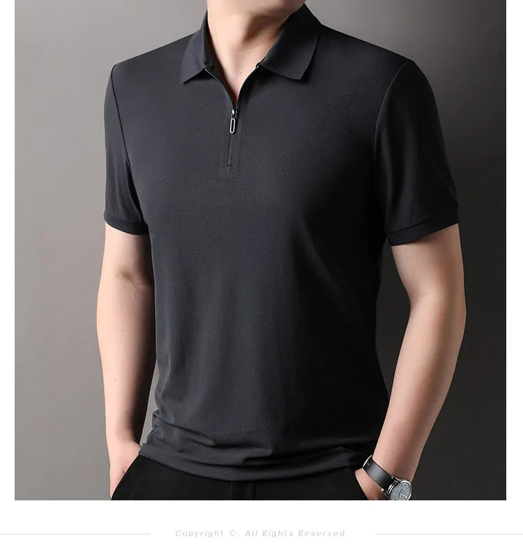 Men’s Slim Fit Half-Zip Polo Shirt – Light Beige Stretch Cotton Casual Top with Classic Collar