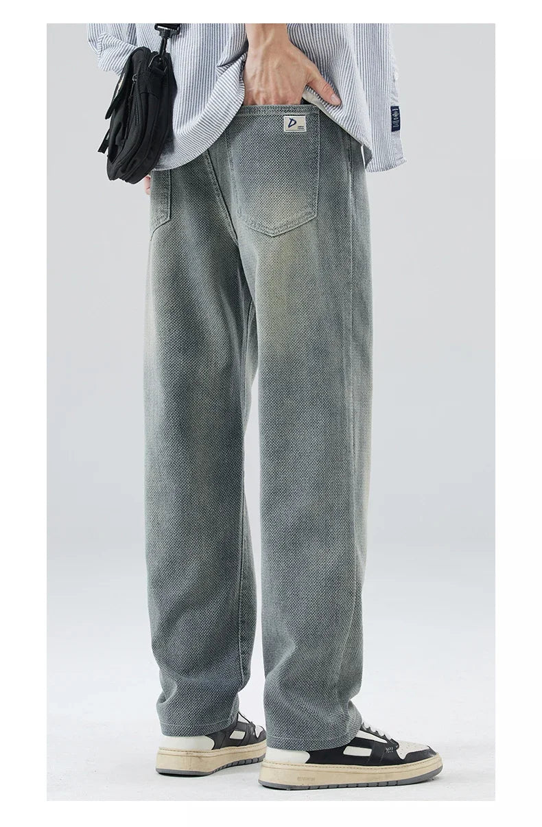 Vintage Men’s Baggy Jeans – Korean Style Starry Sky Fabric, Straight Fit Casual Denim Trousers, High Street Personalized Pants