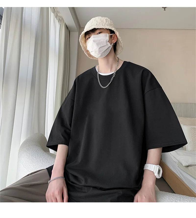 Men’s Oversized White Cotton T-Shirt – Solid Color Summer Casual Fashion Tee, Size up to 5XL