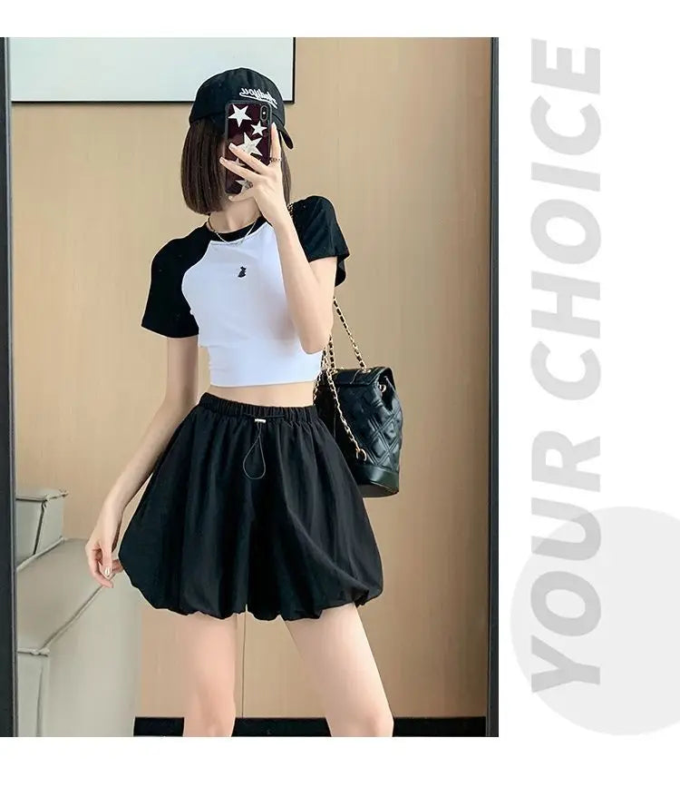 Women's High-Waist Lantern Shorts – Casual Summer Streetwear with Pockets, Relaxed Fit for Students, Youth, and Everyday Wear