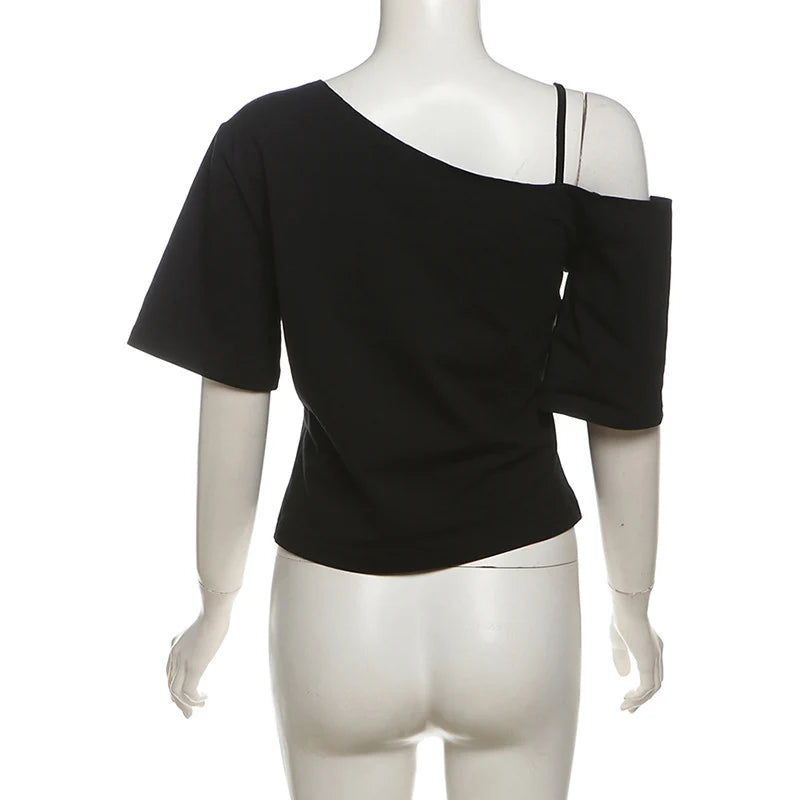 Y2K Off-Shoulder Gothic Crop Tee – Women's Letter Print Punk Streetwear Top, Grunge Aesthetic Harajuku Summer T-Shirt
