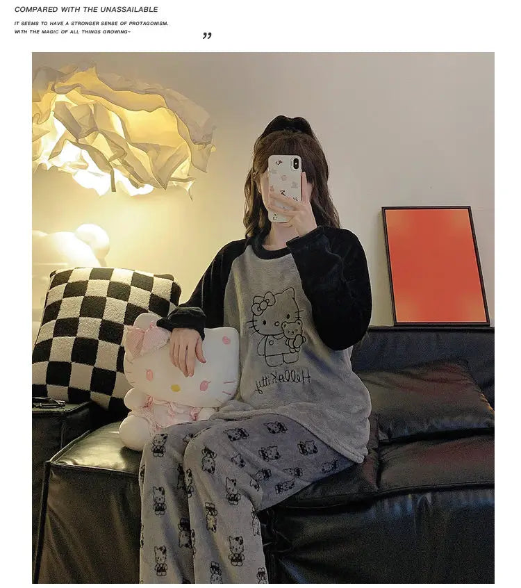 Y2K Hello Kitty Winter Flannel Pajama Set for Women – Cozy Cartoon Loungewear, Loose Fit, Warm Homewear Suit