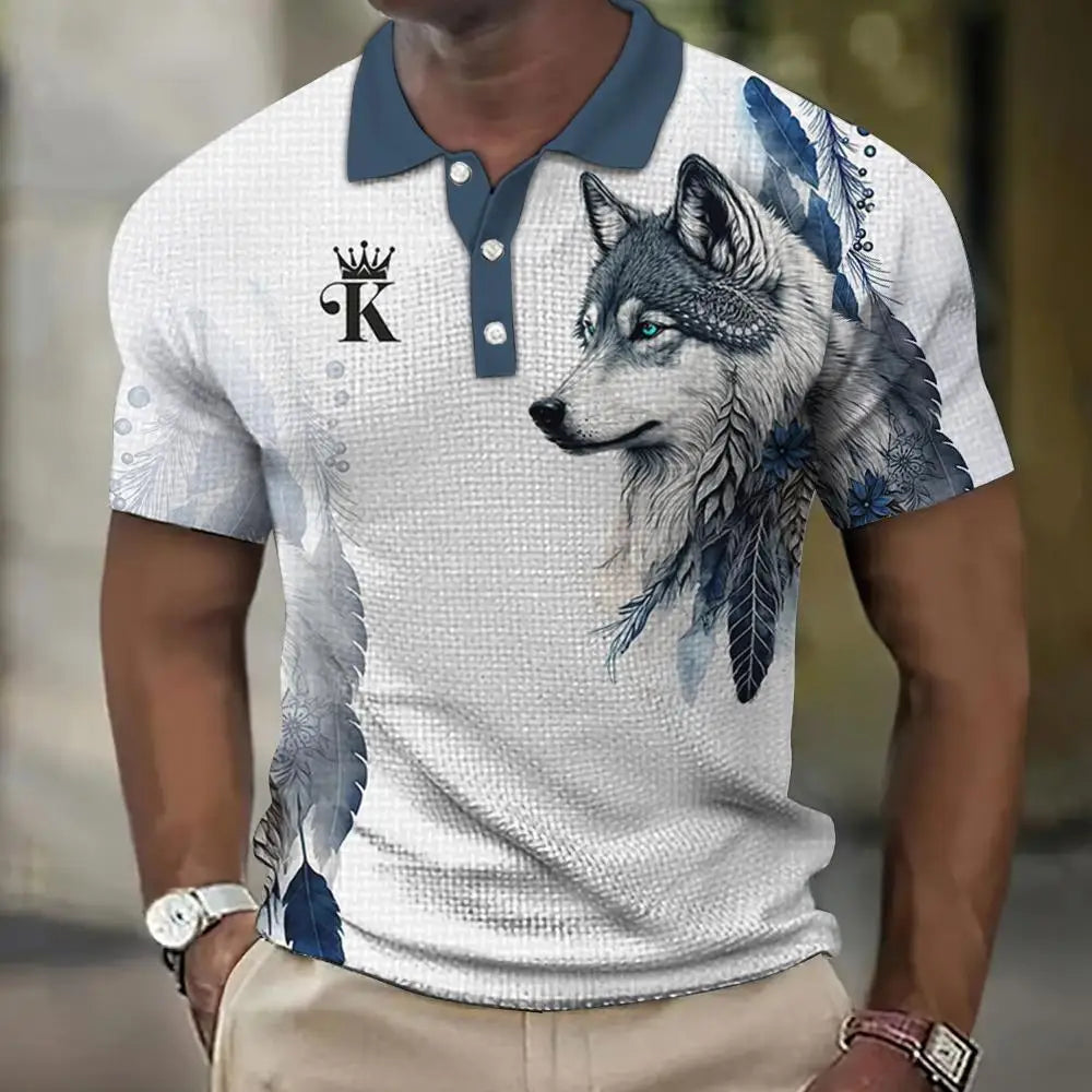 Men’s Polo Shirt with 3D Wolf & Eagle Print – High-Quality Summer Casual Loose Fit Short Sleeve Tee