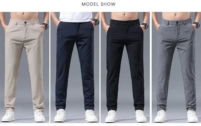 Men's Summer Lightweight Stretch Suit Pants – Slim Fit Korean Style Business Casual Trousers with Elastic Waist