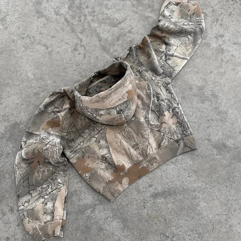 Y2K Camouflage Leaf Print Hoodie – Unisex Retro Streetwear Loose Fit Hip Hop Sweatshirt for Men & Women