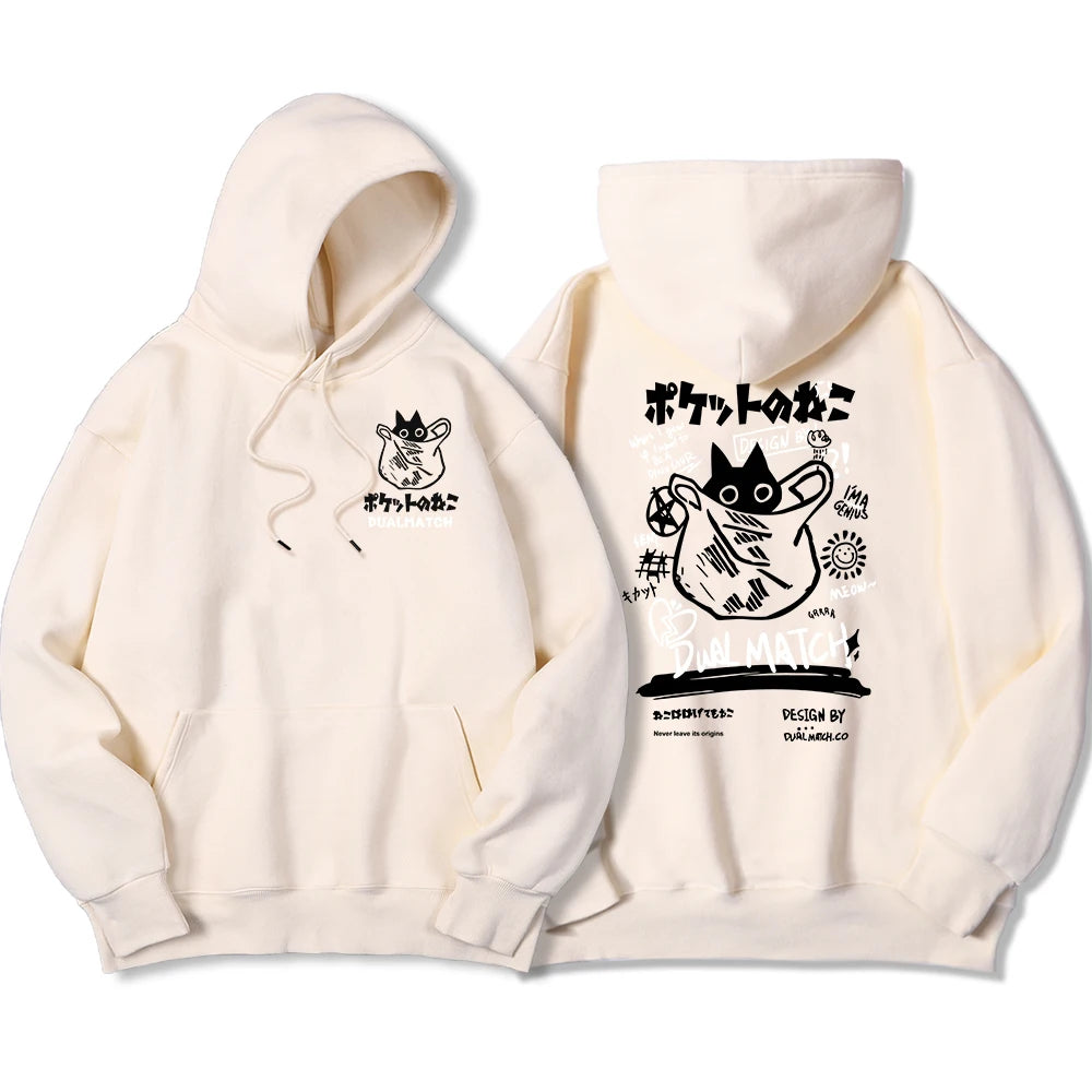 Y2K Harajuku Kawaii Cat Couple Print Hoodie – Unisex Oversized Fleece Pullover for Autumn, Warm Hip Hop Style Sweatshirt