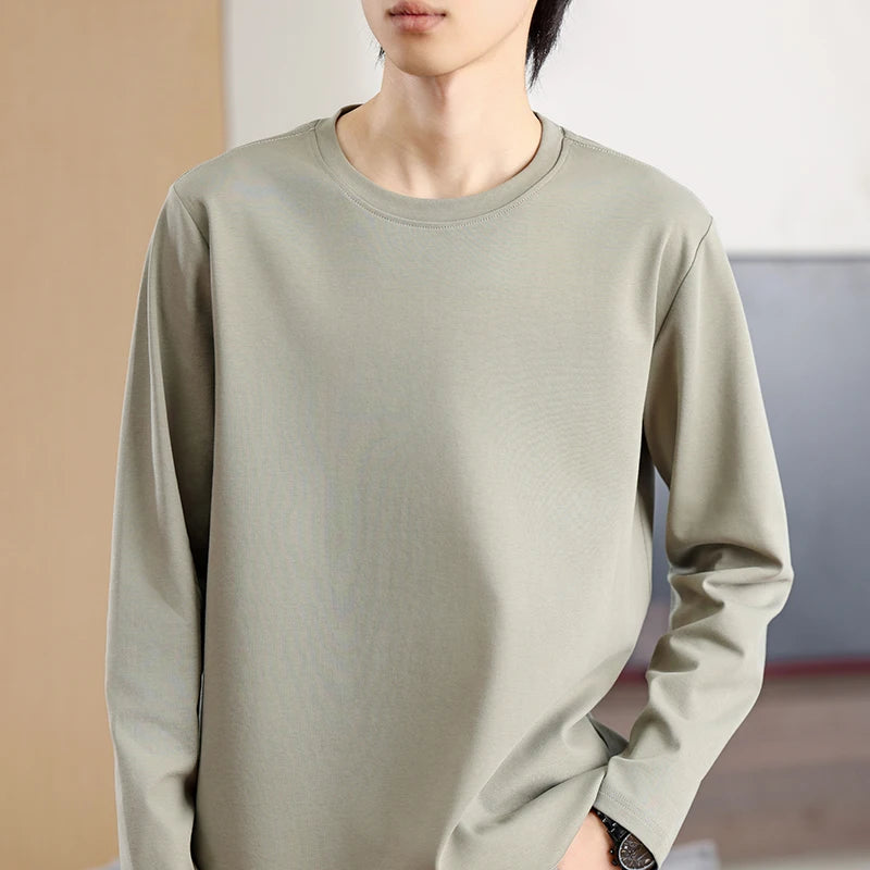 Men's Summer Long Sleeve T-shirt – Solid Color, Round Neck, Casual Style, Made from Mercerized Cotton