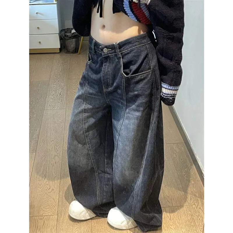 Women’s Black High-Waist Vintage Jeans – Hip Hop Straight Baggy Wide-Leg Denim Pants in Y2K American Street Style