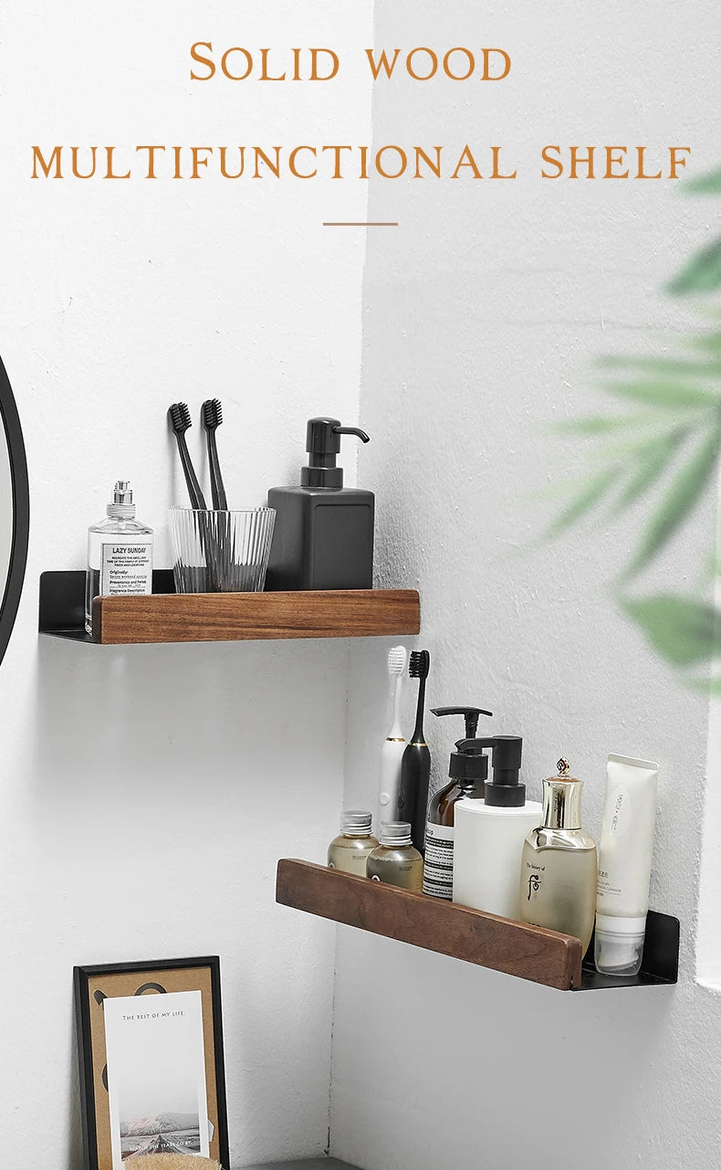 No-Drill Wall-Mounted Solid Wood Corner Bathroom Shelf — Shower Storage Rack and Toilet Shampoo Holder