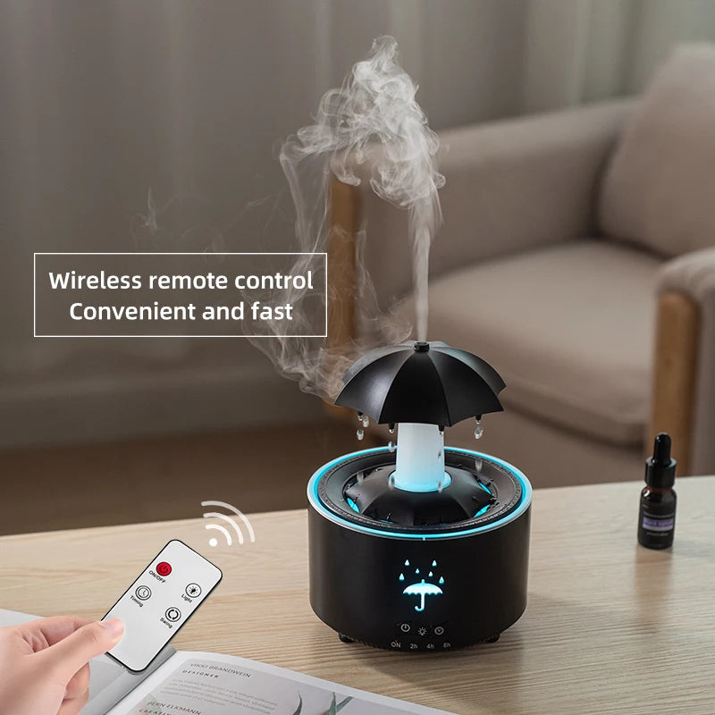 Cloud Rain Aroma Diffuser with Humidifier, Raindrop Design, Remote-Controlled Night Light, Desktop Water Fountain with Soothing Water Drop Sounds for Home Use