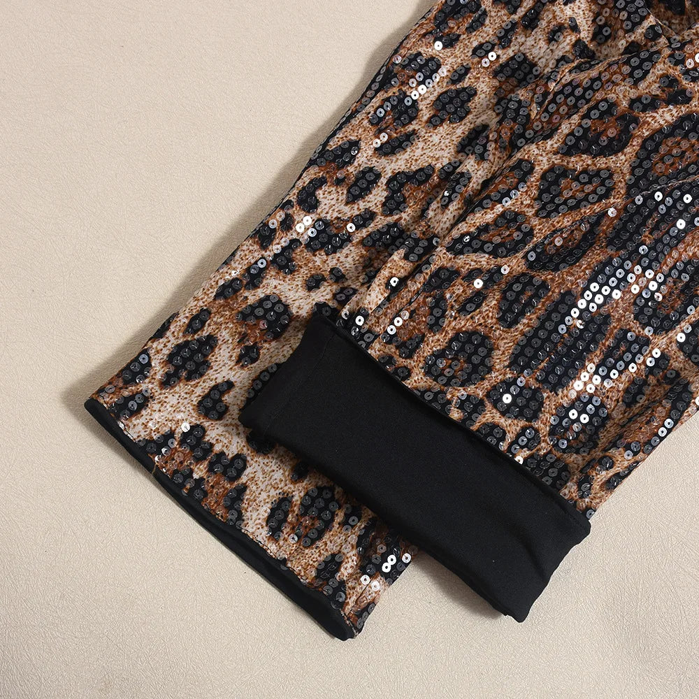 Women's Leopard Print Sequin Shorts – Sexy Knee-Length Clubwear, Slim Fit Party Pants for Evening & Street Style 